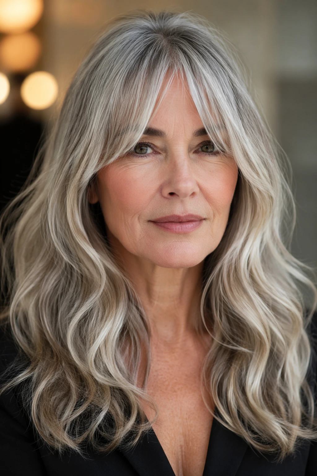 Long layered silver hair with loose waves, center-parted curtain bangs, and soft volume through the mid-lengths.