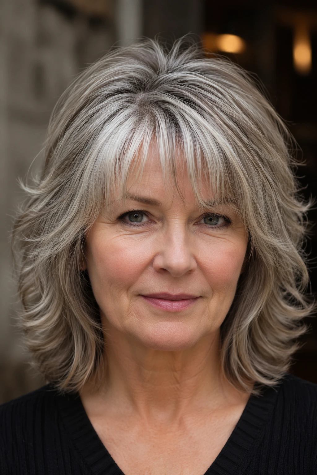 Shoulder-grazing silver lob with choppy layers, feathered bangs, and gentle movement throughout the ends.