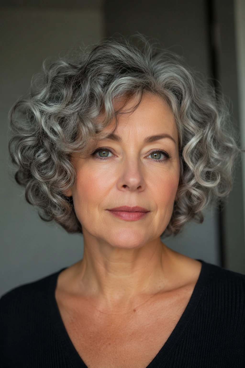 Short silver curls frame the face with airy volume, side-swept texture, and a softly rounded bob shape.