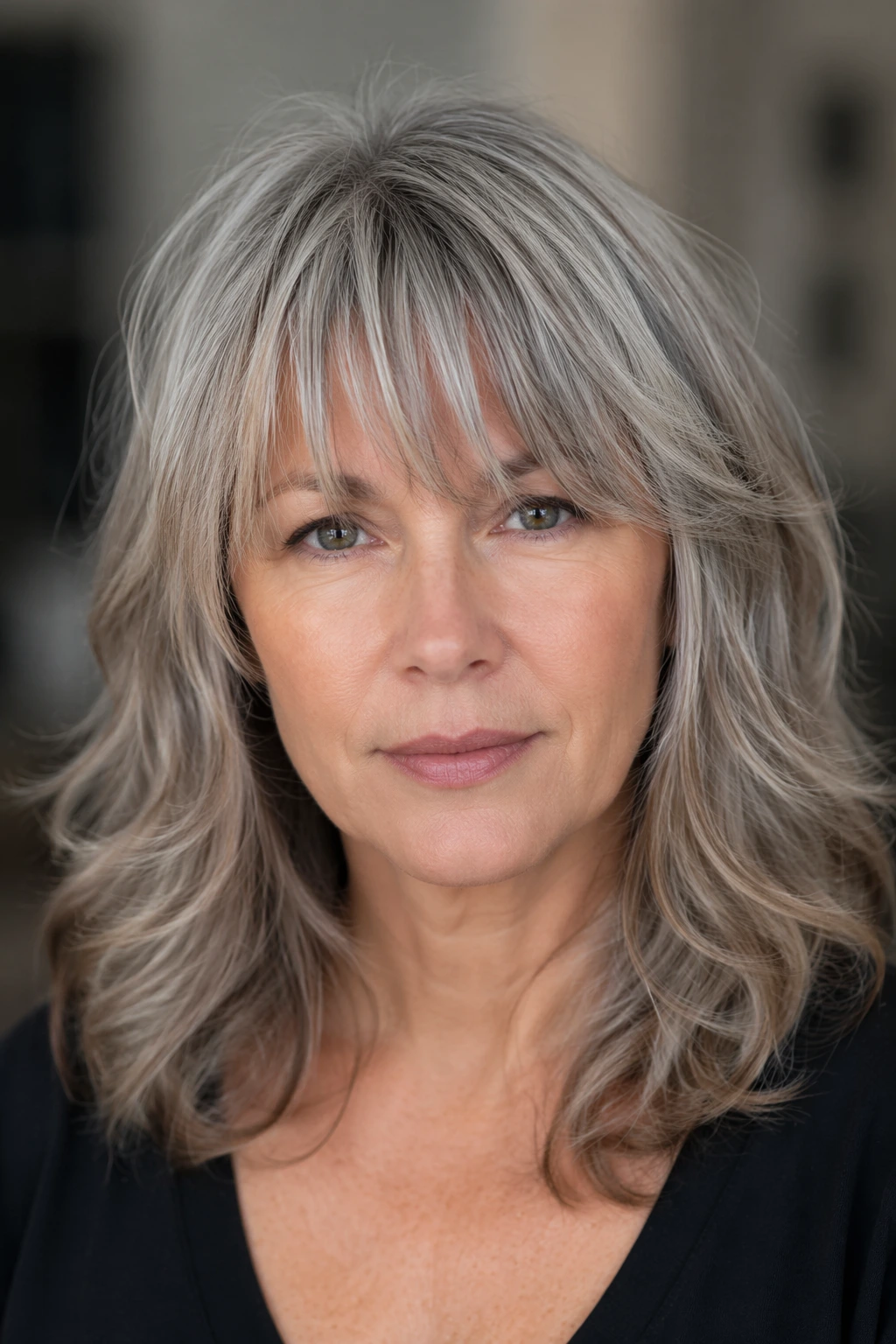 Medium-length ash-gray hair with loose layers, soft volume at the crown, and a delicate, piecey fringe across the forehead.