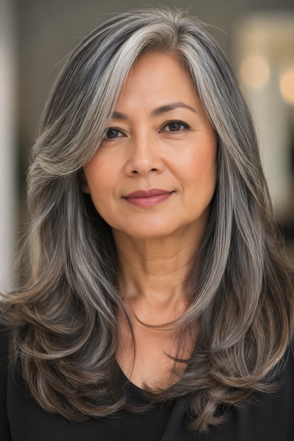 Long salt-and-pepper hair with voluminous layers, side-swept front pieces, and soft blowout curls through the ends.