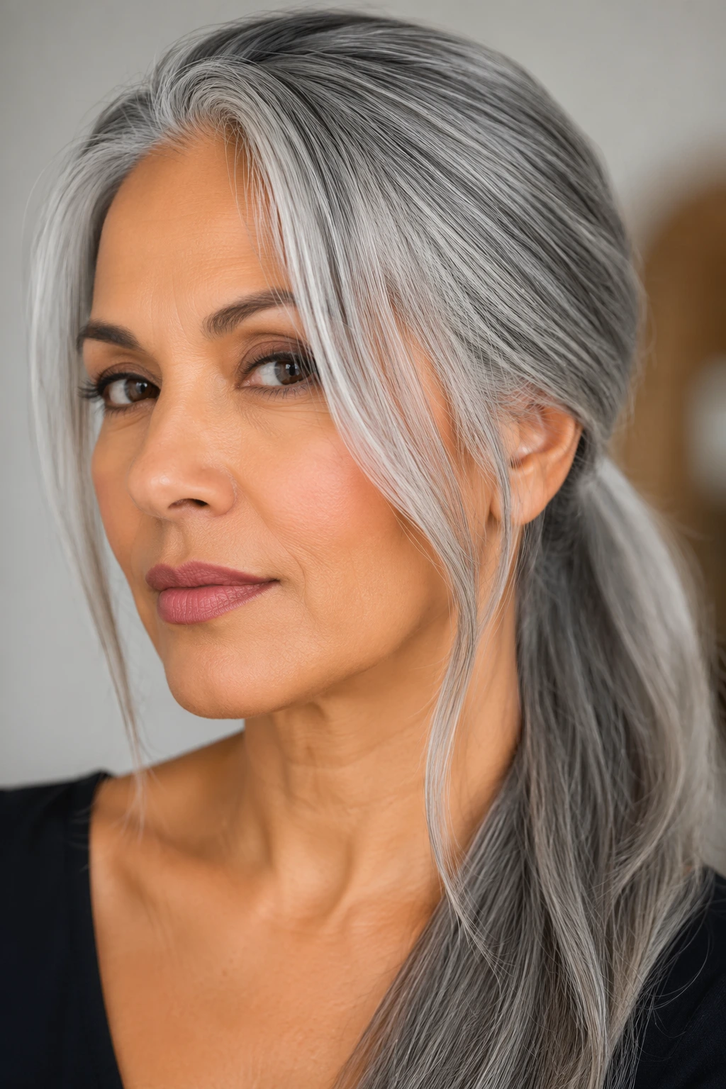 Long straight gray hair pulled back low, with smooth length, center part, and two delicate front tendrils.