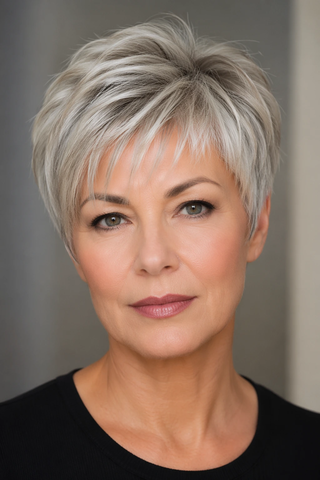 Short silver pixie cut with textured layers, wispy bangs, and softly tapered sides framing the face.