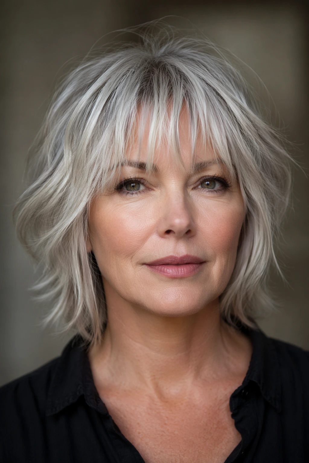 Short layered gray crop with textured waves, airy volume, and thin wispy bangs falling softly over the brow.