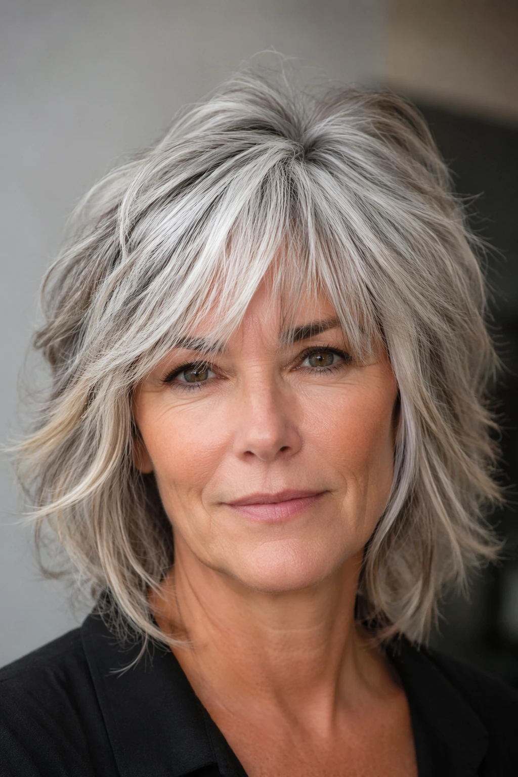 Neck-length gray bob with textured layers, airy wispy bangs, and a slightly tousled finish around the crown.