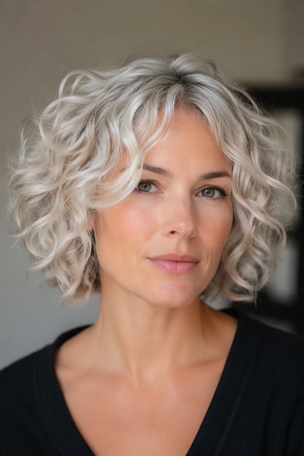 Short platinum bob with bouncy curls, subtle side part, and wispy ends for extra texture.