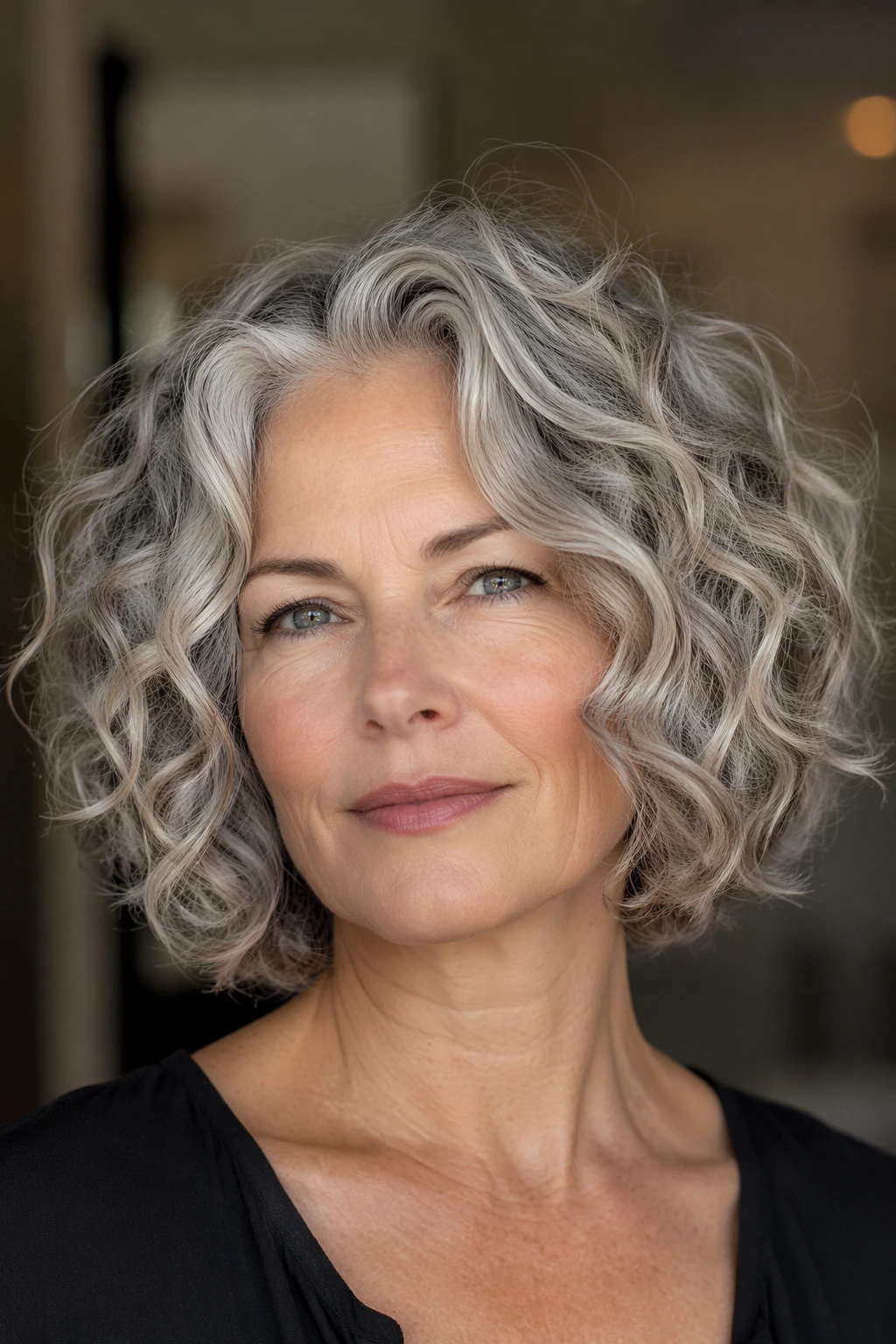Short gray bob with relaxed waves, soft layering, and a face-framing shape that feels polished.