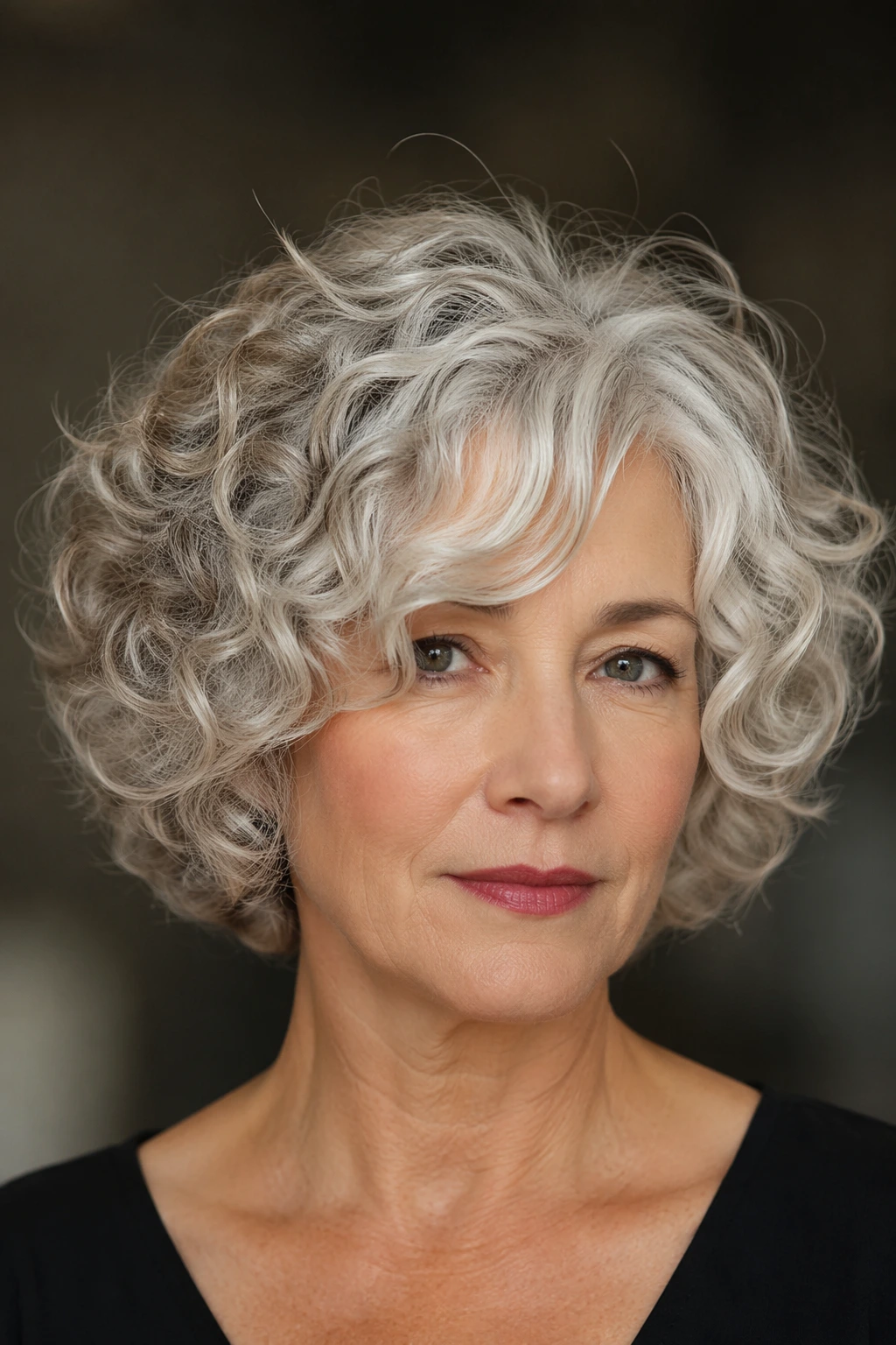 Layered silver bob shaped into rounded curls, with side-swept fringe and soft fullness through the crown.