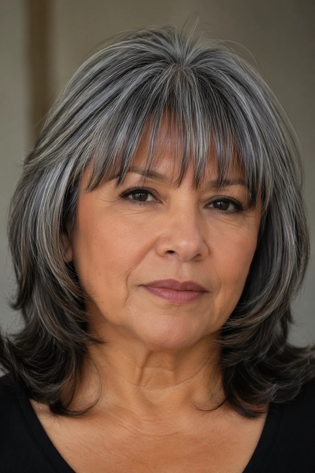 Dark and silver layered cut with feathered bangs, flipped-out ends, and soft movement through the sides.