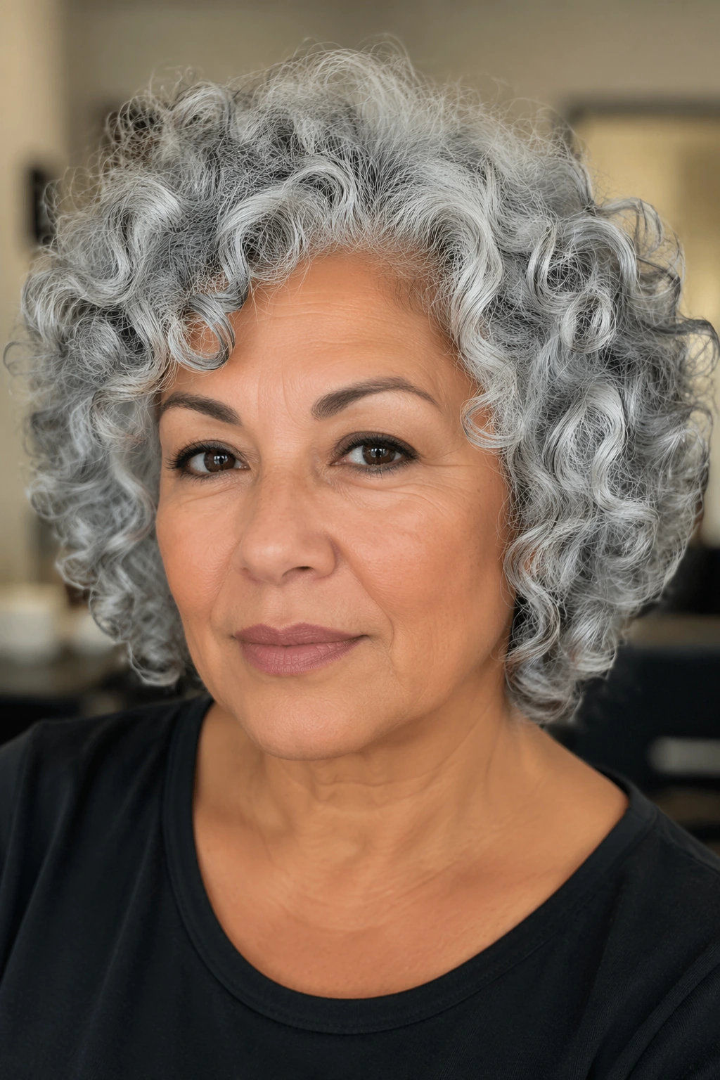 Compact silver curly bob with springy coils, rounded silhouette, and soft lift at the crown.