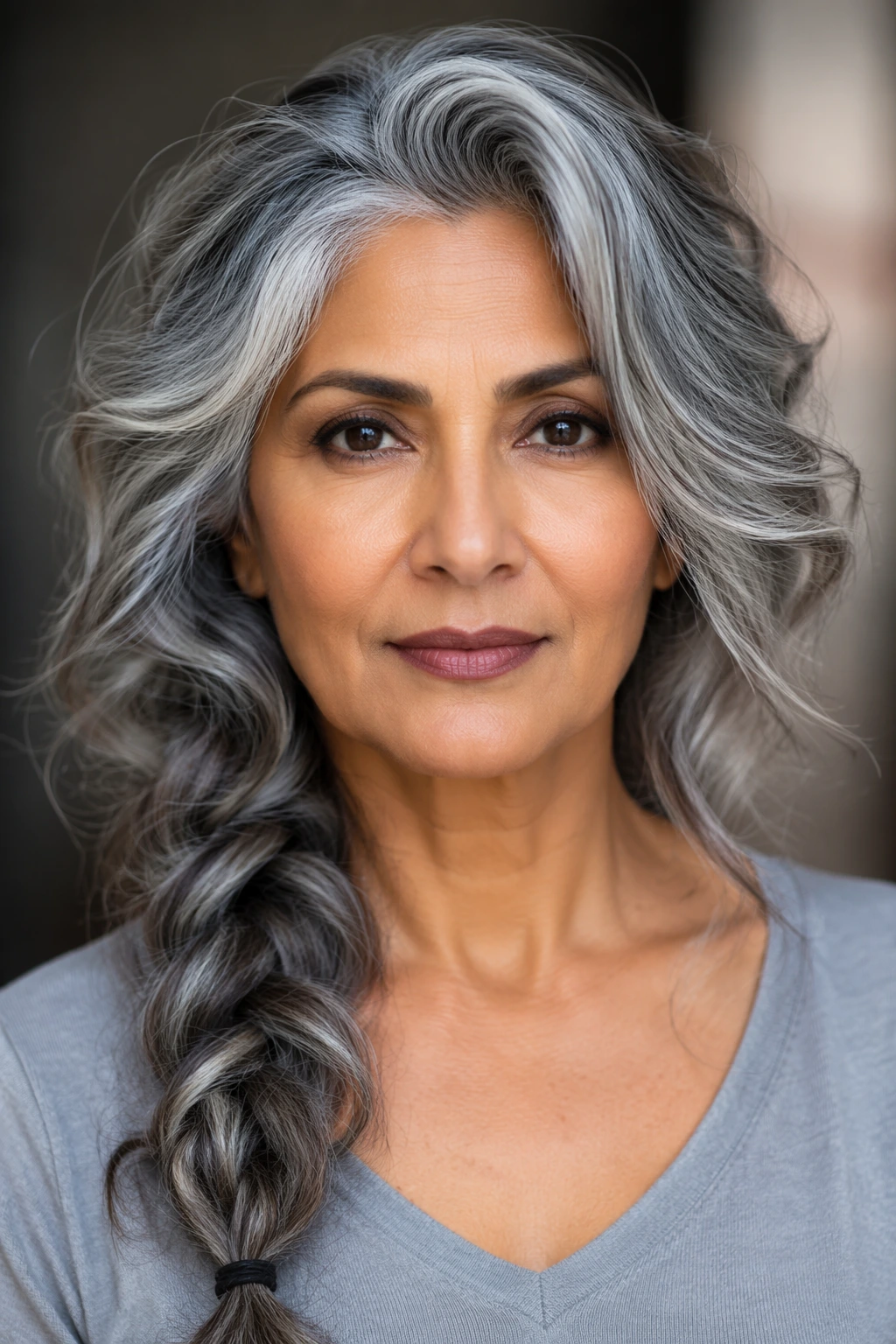 Long salt-and-pepper hair gathered into a loose side braid, paired with soft waves and a center part.