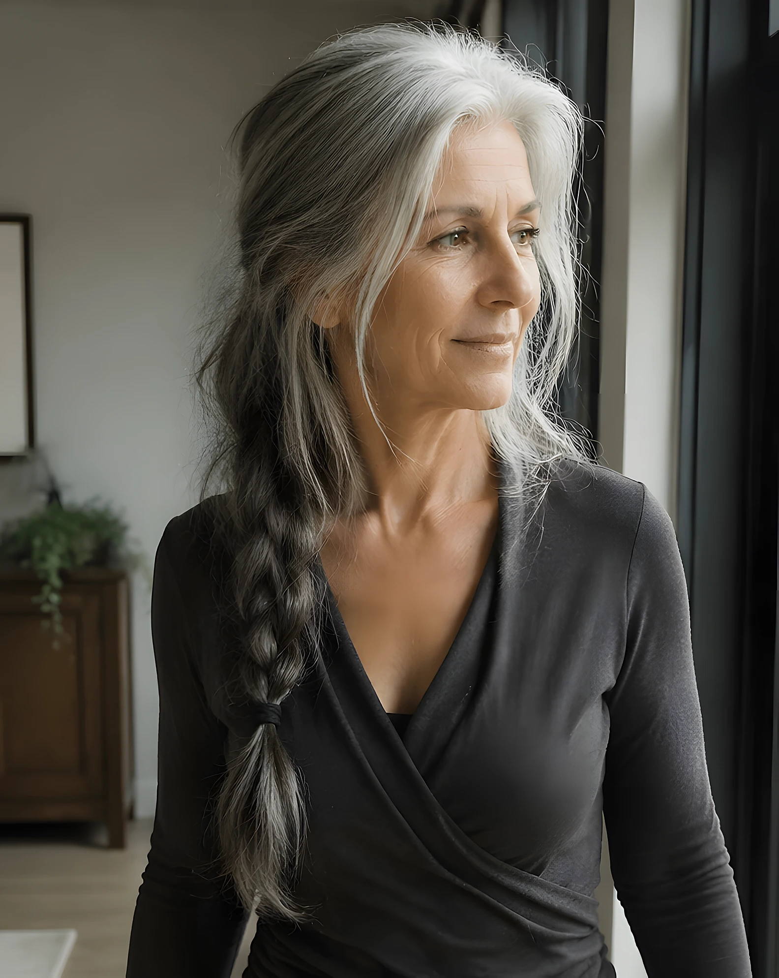 Long silver-gray hair worn loose with a single side braid, soft layers, and a natural, slightly tousled finish.