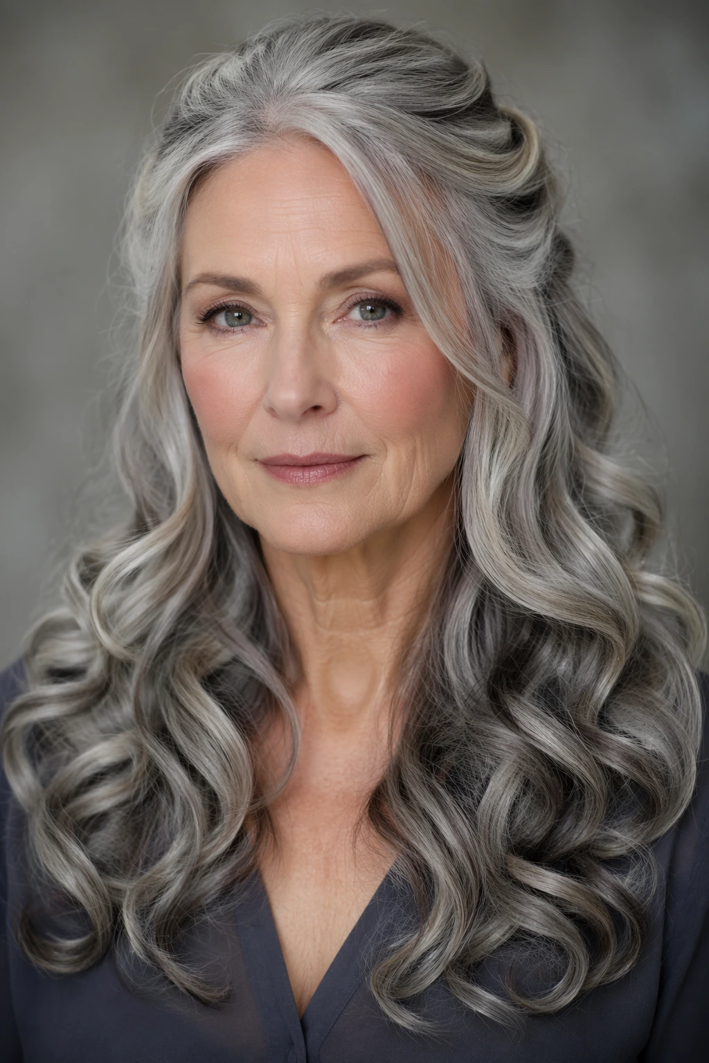 Long gray hair worn loose with bouncy curls, lifted crown volume, and soft face-framing pieces.