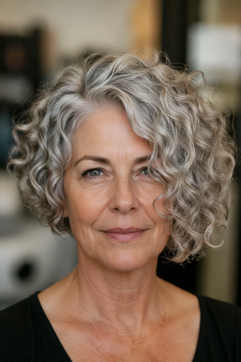 Chin-length silver curls with loose definition, side part, and airy volume framing the face naturally.