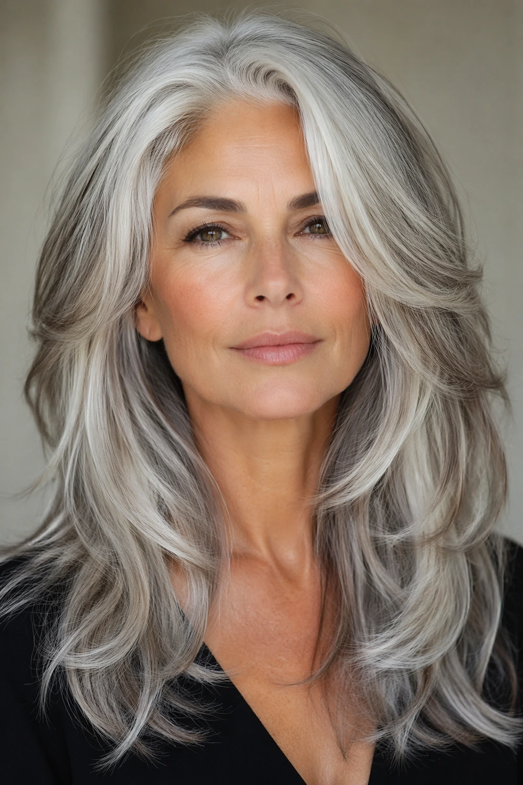 Long silver-gray hair with voluminous layers, side part, and soft waves framing the face and shoulders.
