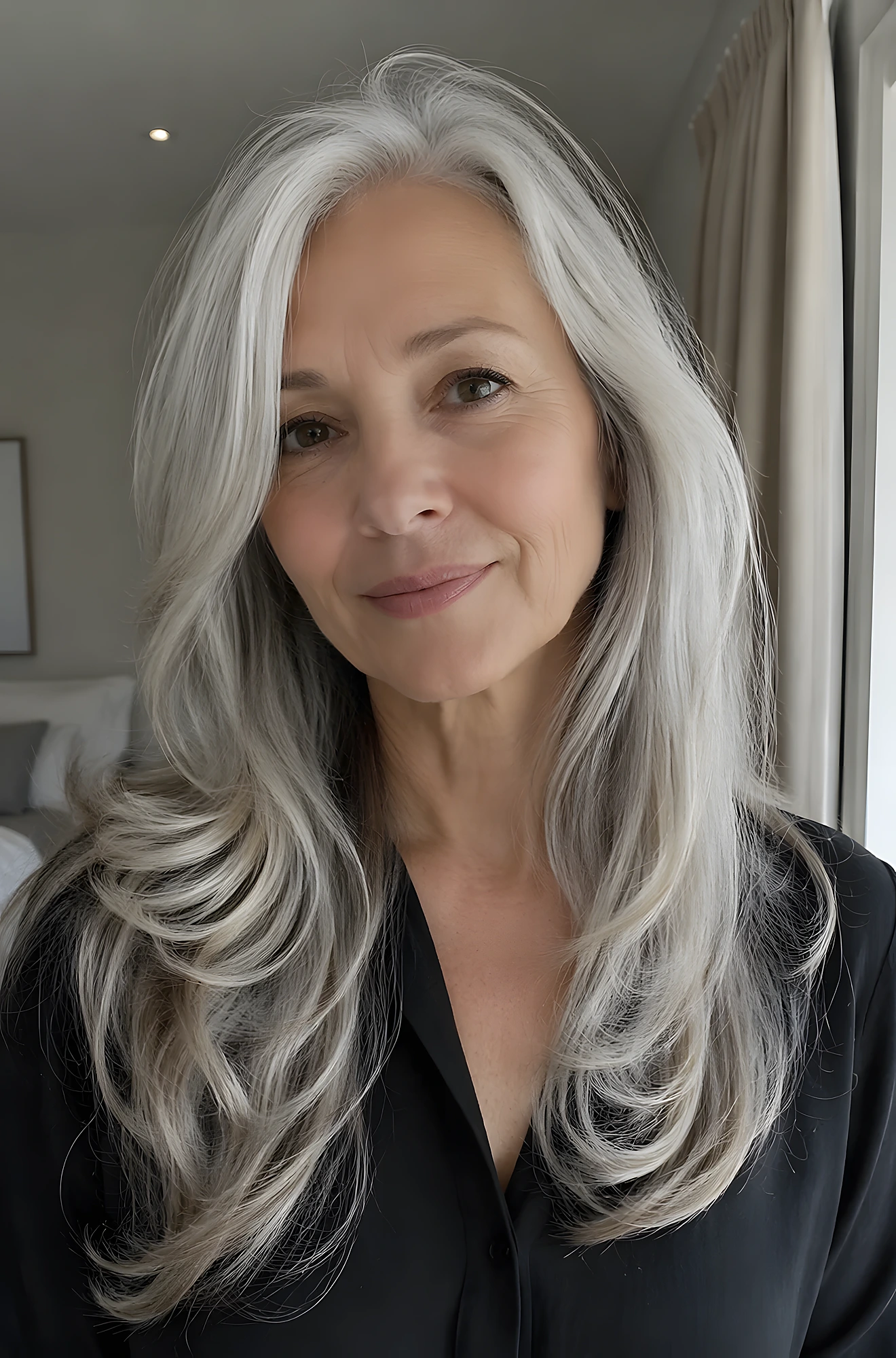 Long silver hair with smooth layers, side part, and loose face-framing waves, styled with natural volume and shine.