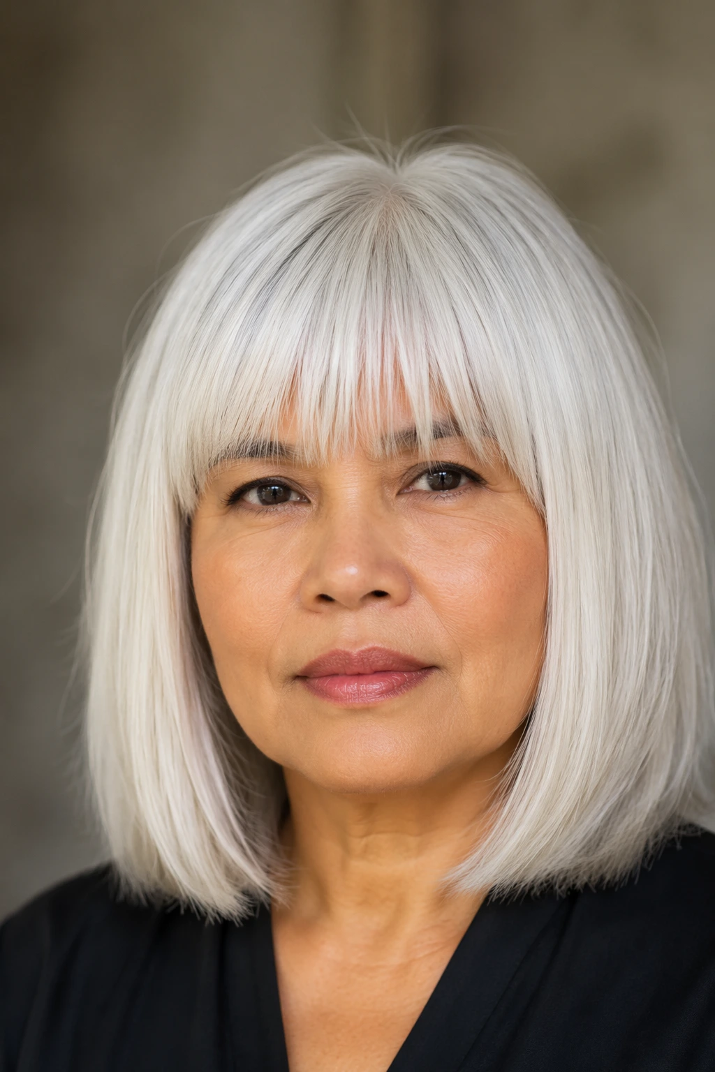 Straight white bob cut to the jawline, paired with a full blunt fringe and clean, even edges.