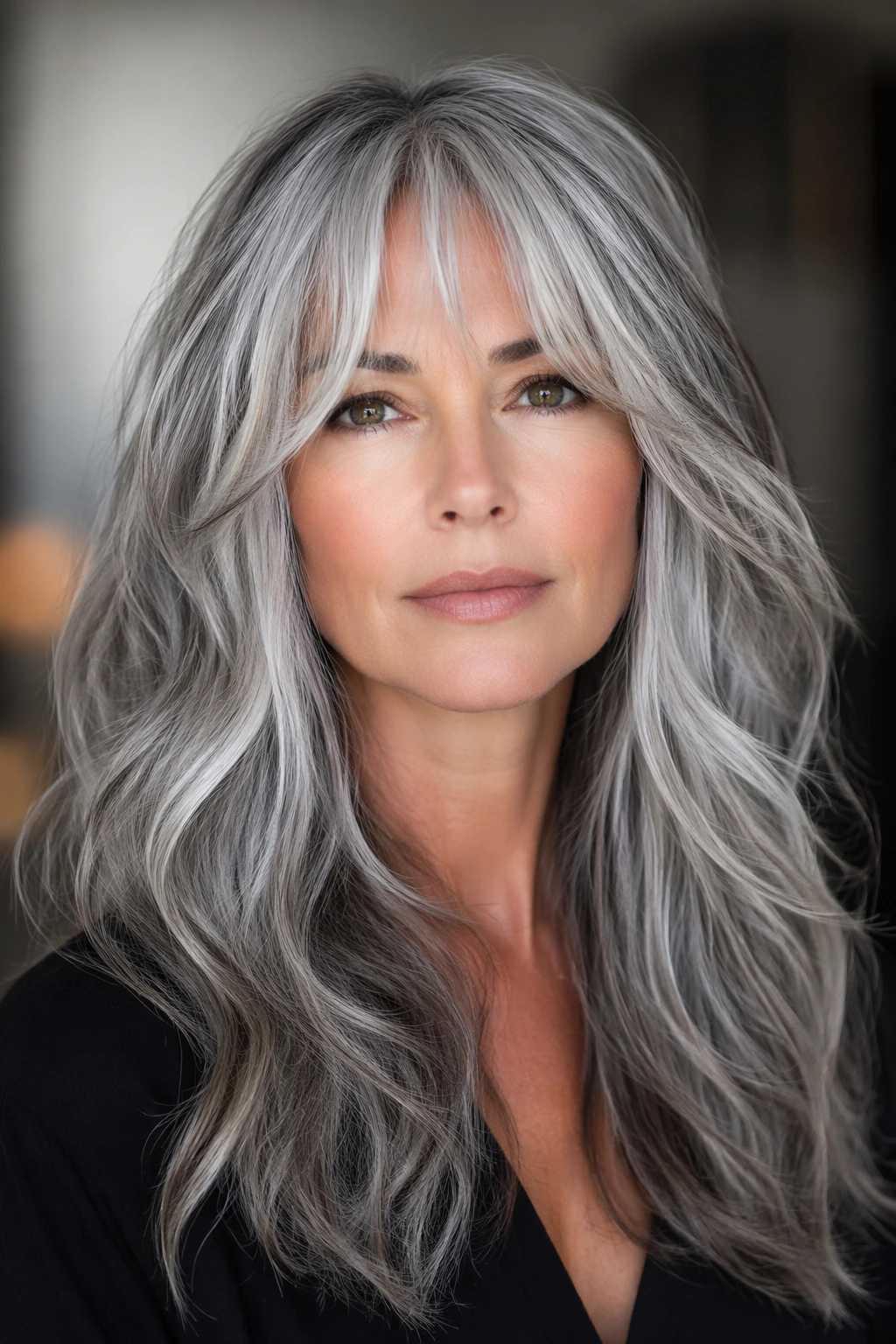 Long silver hair with airy curtain bangs, blended layers, and soft waves falling past the shoulders.