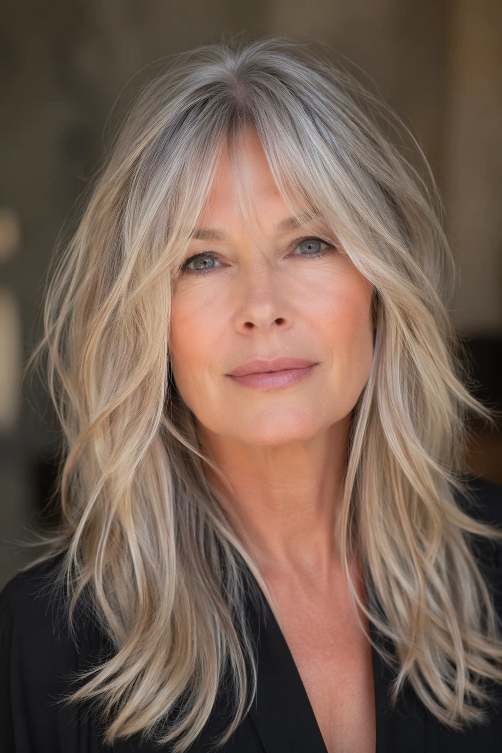 Long blonde-gray hair styled in loose waves, wispy bangs, and airy layers that create movement around the face.