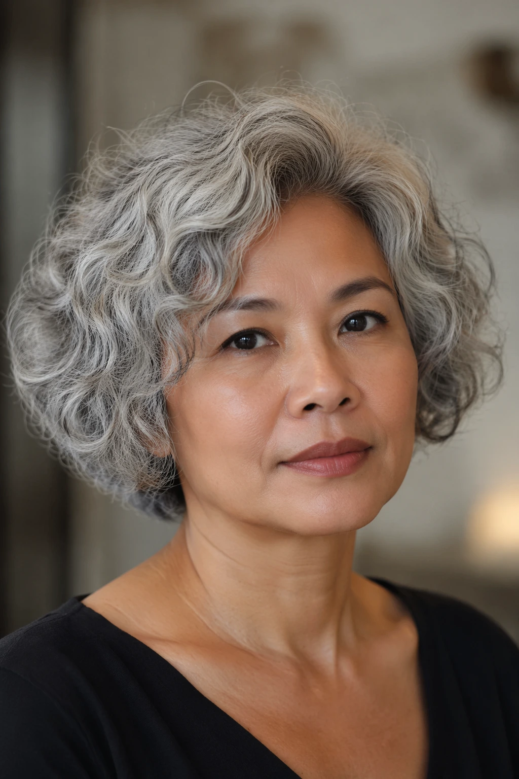 Chin-length silver curls with airy volume, soft side parting, and a natural, slightly tousled finish around the face.