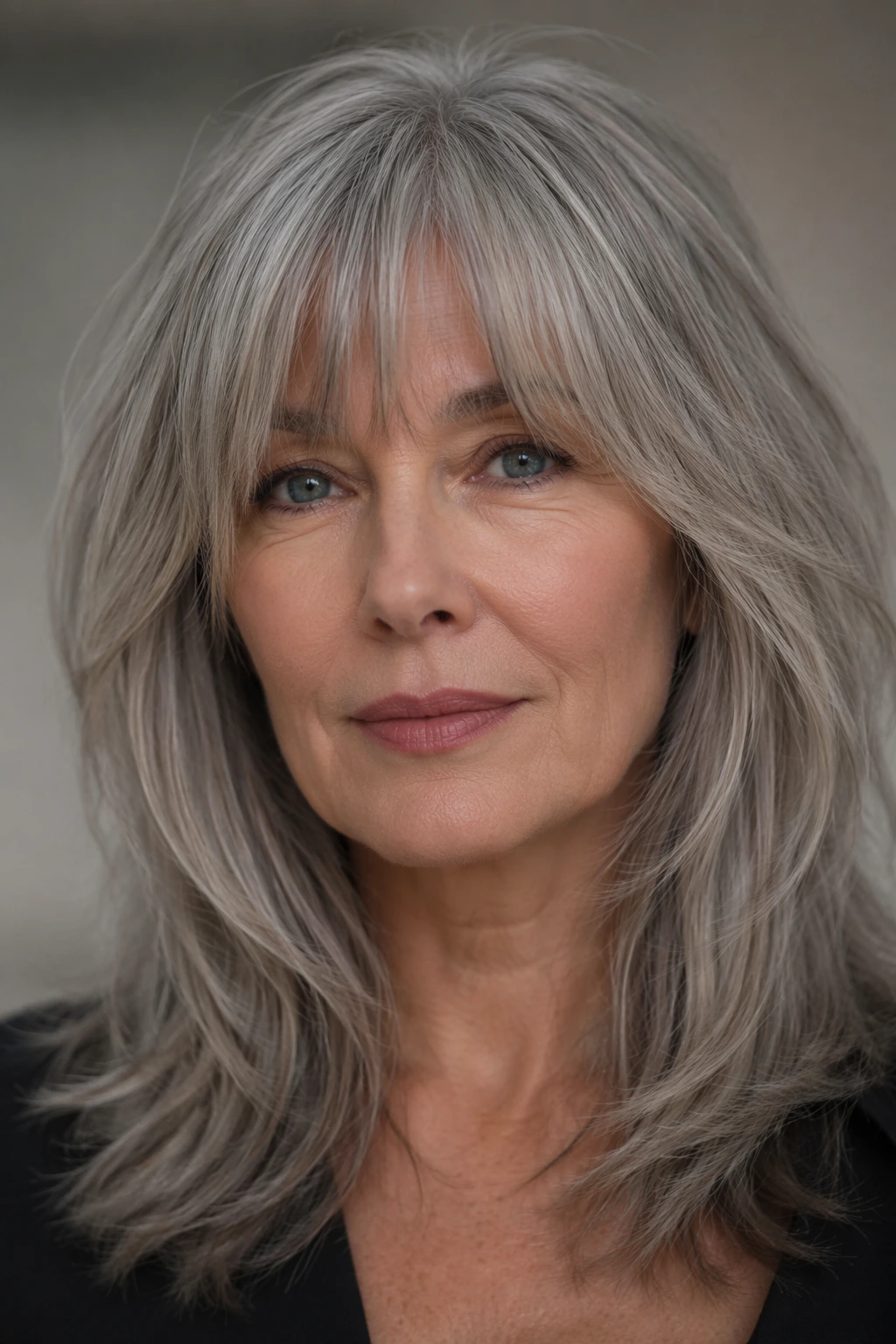 Shoulder-length silver hair with airy curtain bangs, soft face-framing layers, and a smooth, feathered finish.