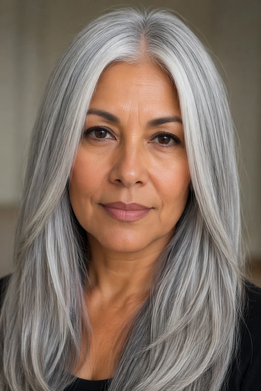 Long straight icy gray hair with a clean center part, sleek texture, and subtle face-framing length.