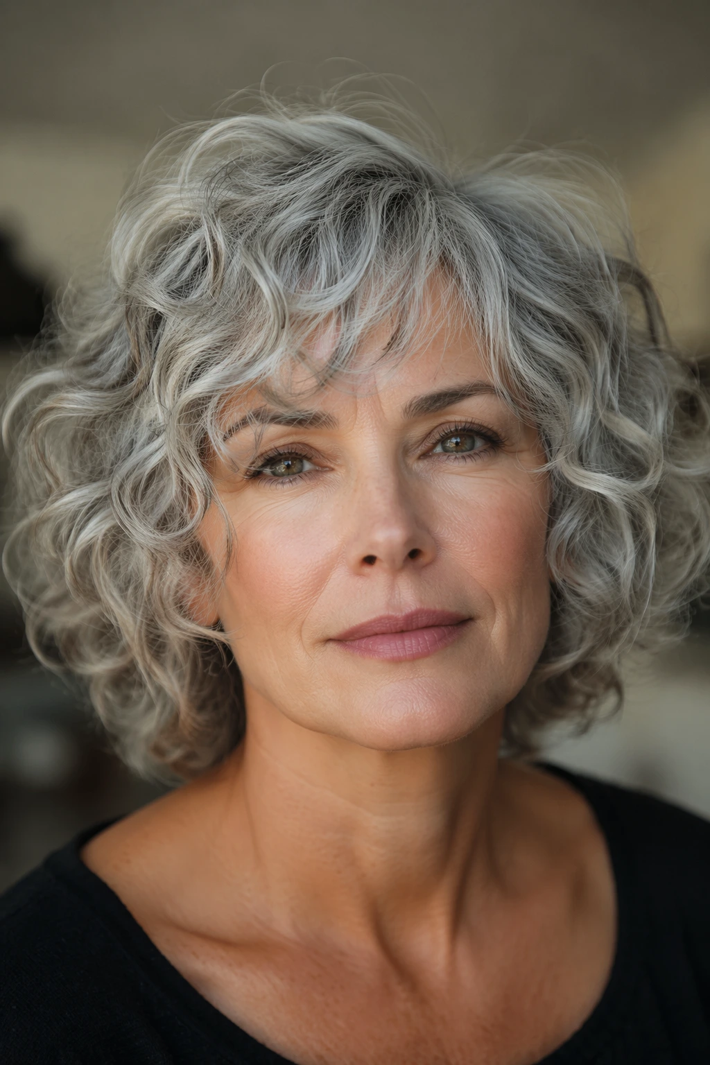 Neck-length gray curls with lifted roots, loose definition, and a lightly undone shape framing the cheeks.
