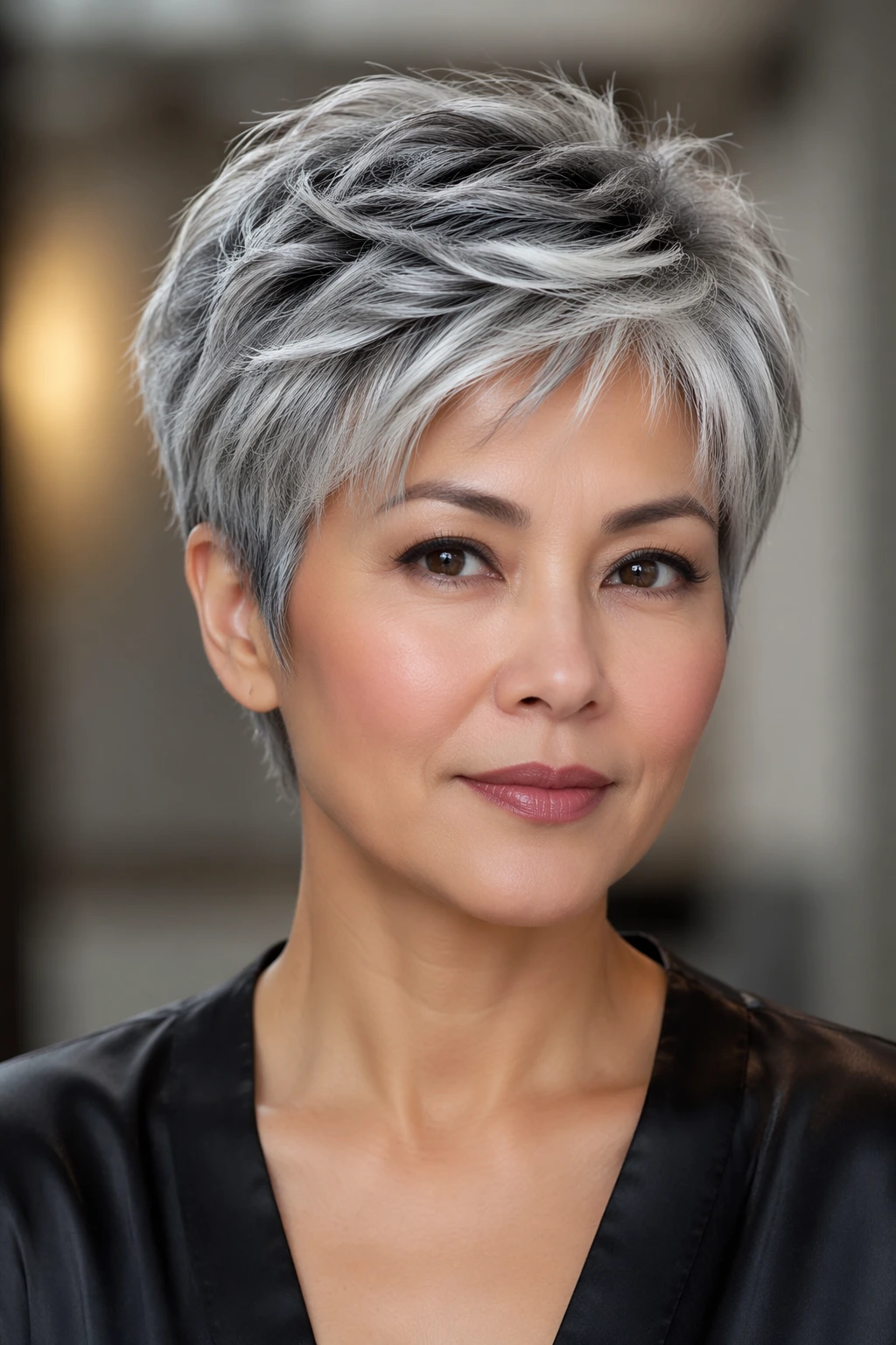 Short salt-and-pepper pixie with choppy crown texture, side-swept strands, and a lightly voluminous silhouette.