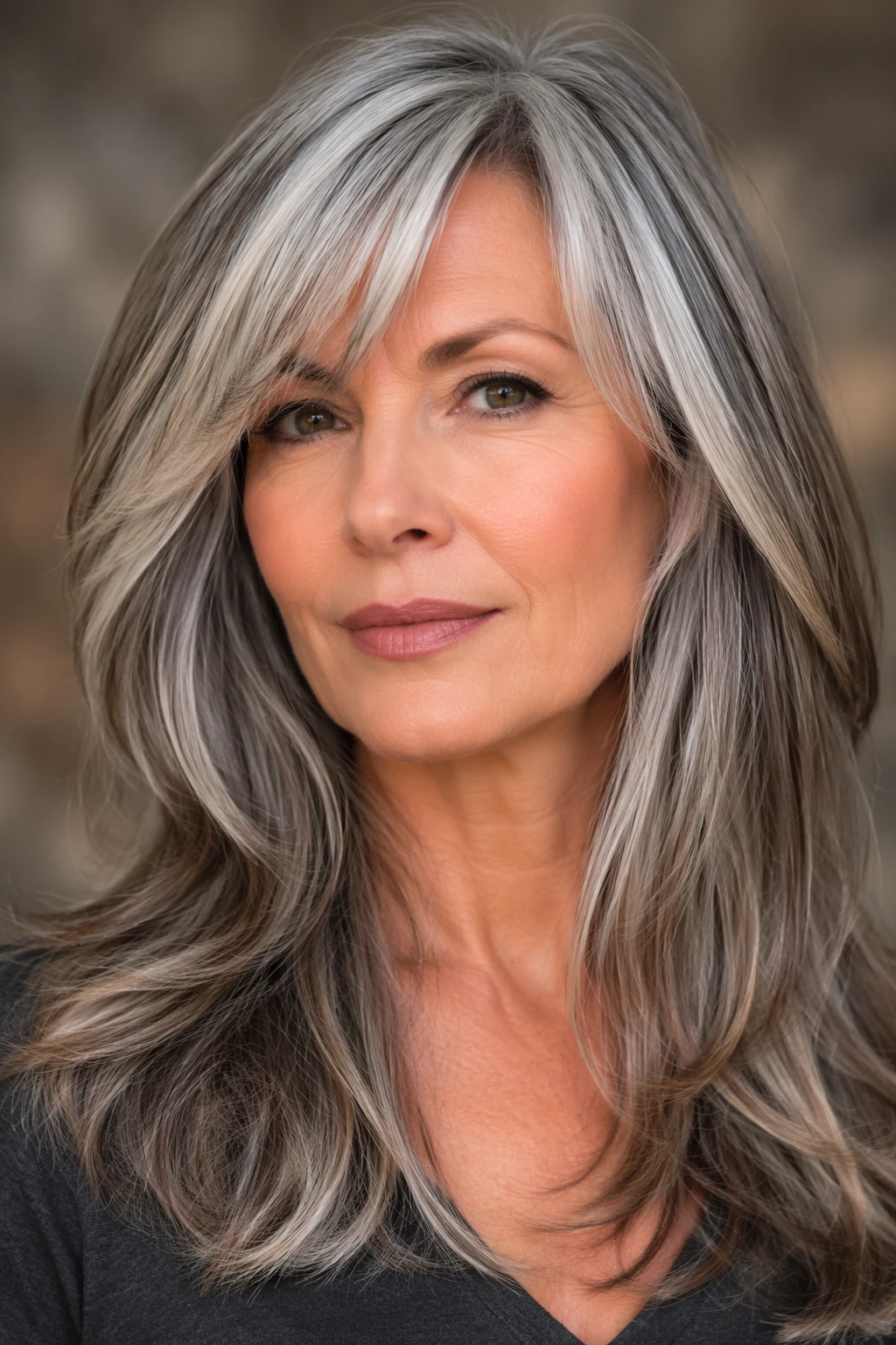 Long layered hair with silver-brown tones, side-swept fringe, and a full blowout around the face.