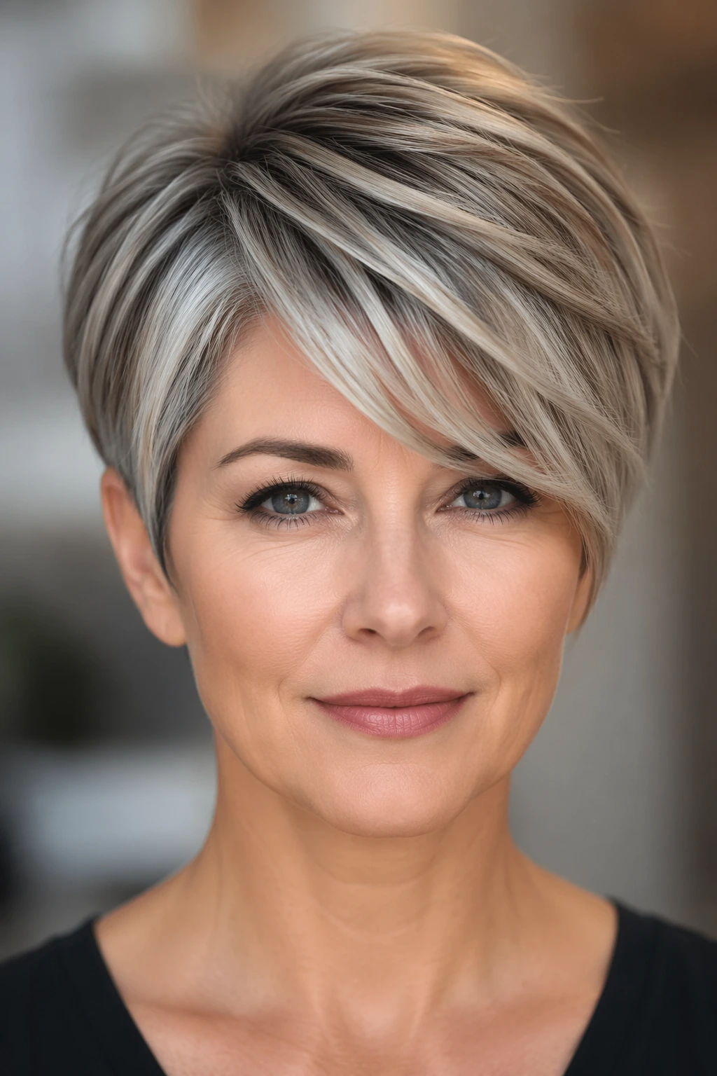 Short layered blonde pixie with sweeping fringe, blended highlights, and a smooth, slightly lifted crown.