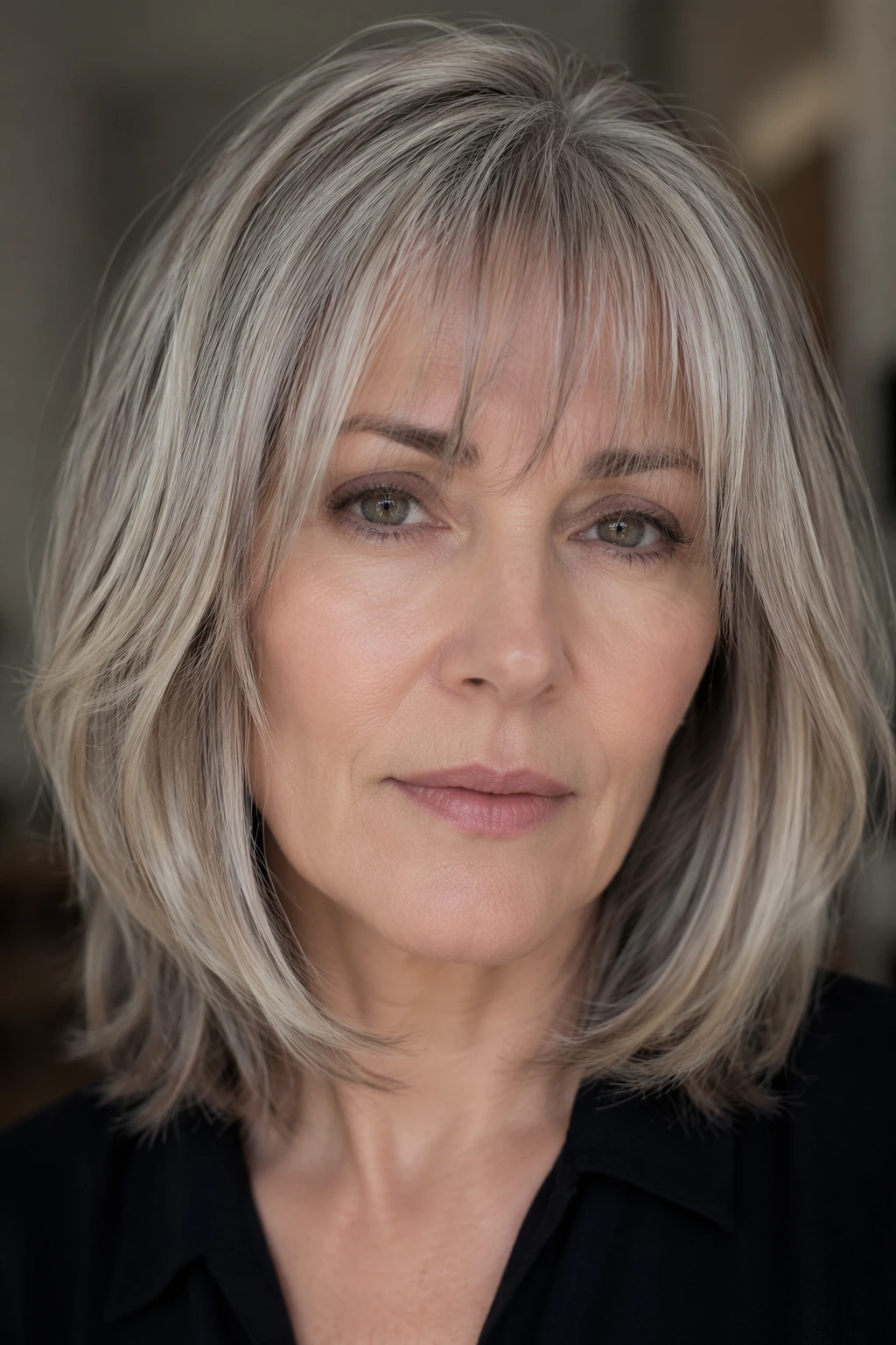Neck-length ash blonde bob with airy curtain bangs, subtle layering, and a gently beveled silhouette.