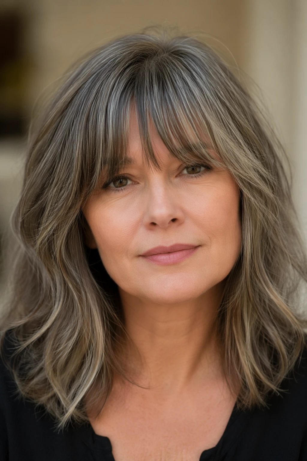 Shoulder-length ash-gray layers with full brow-grazing bangs, loose texture, and a softly tousled finish.