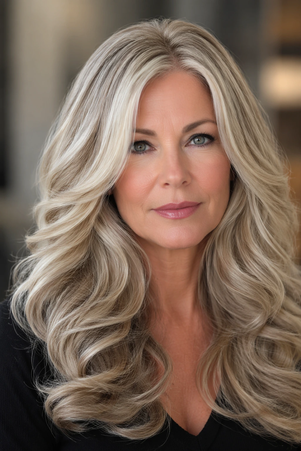 Long silver-blonde hair styled in big, glossy waves with a center part and face-framing layers.