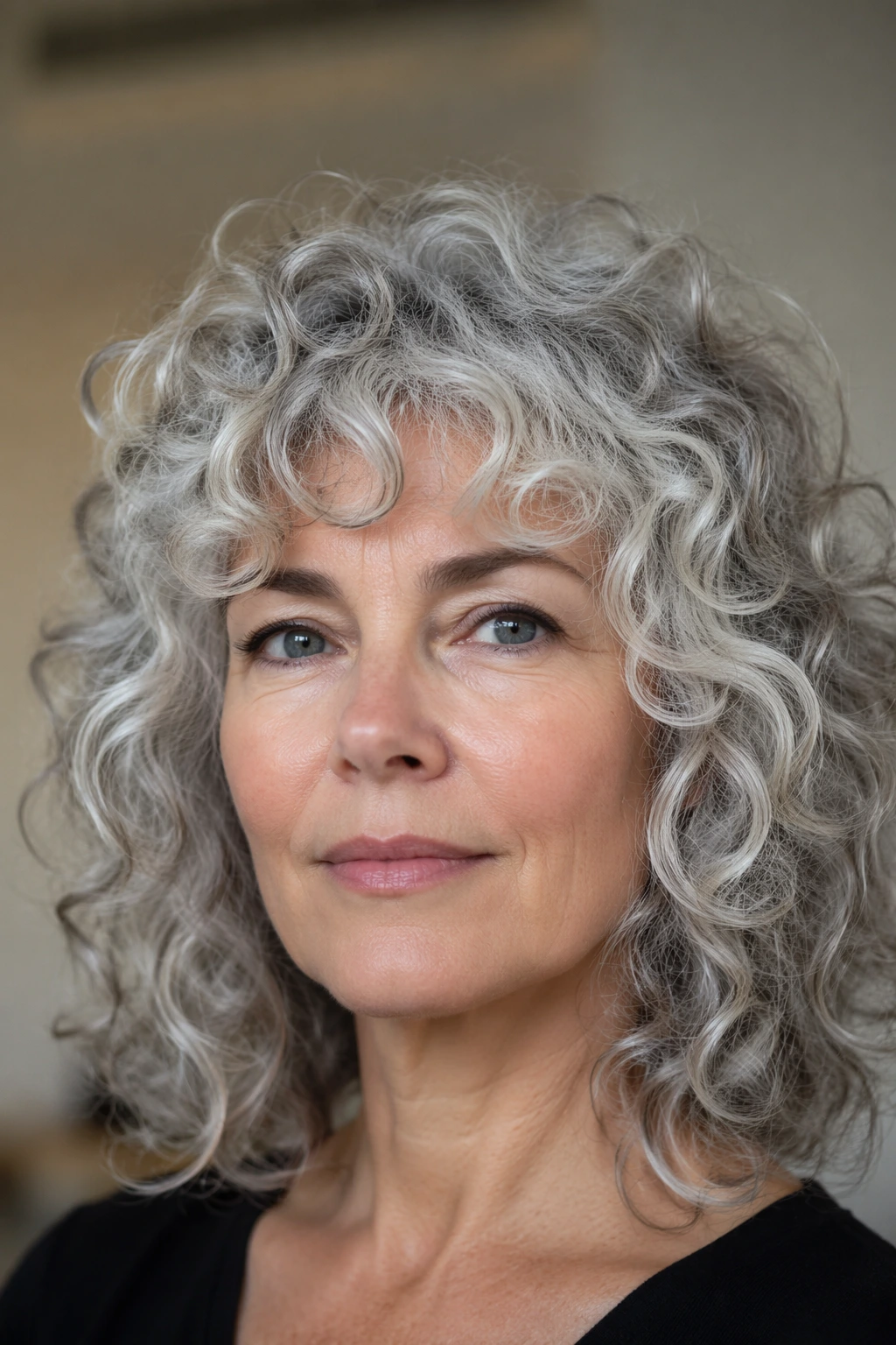 Shoulder-length silver curls with lots of body, soft bangs, and a naturally tousled, airy finish.