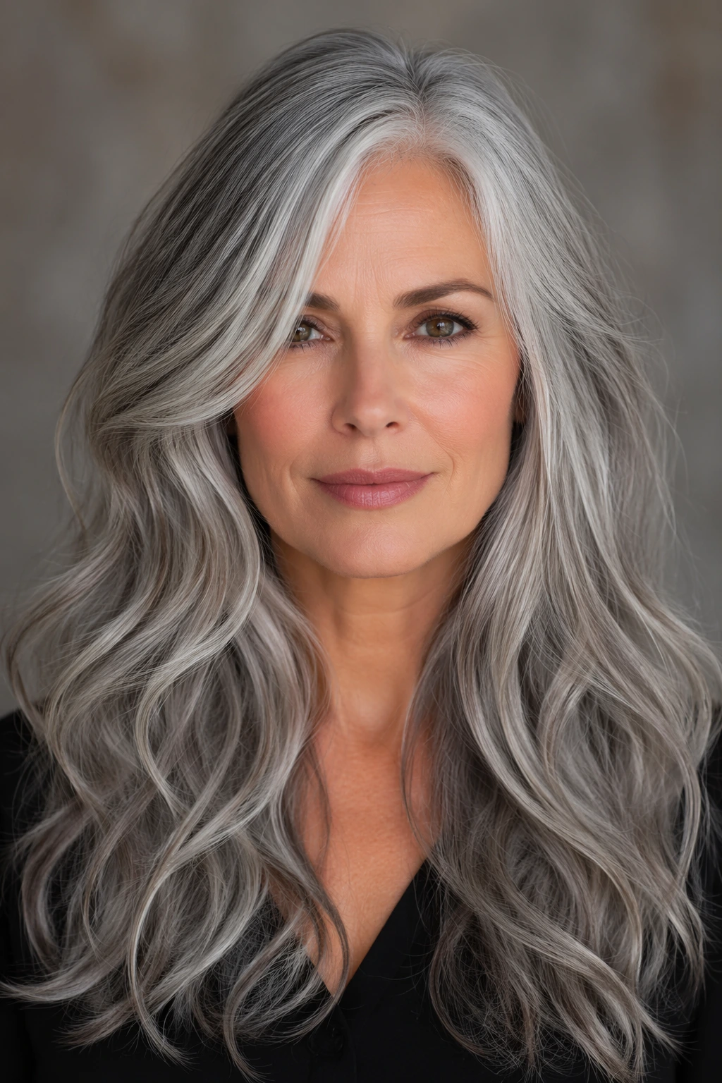 Long silver hair with rich waves, plenty of volume, blended gray tones, and a softly textured finish.