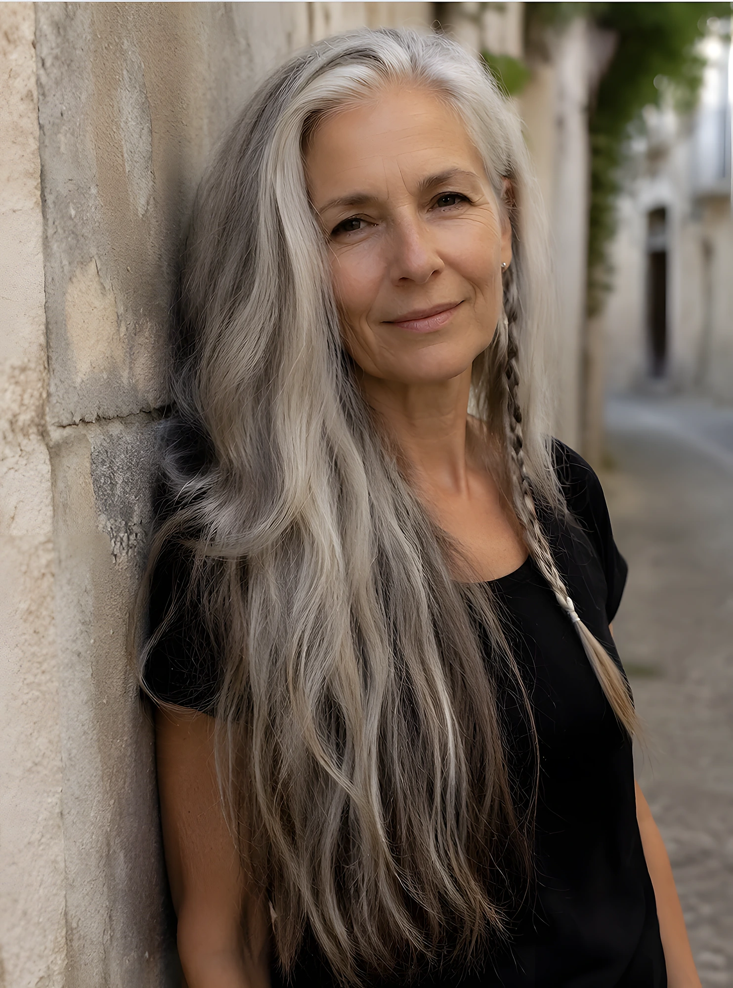 Older woman wearing very long gray hair, sleek straight lengths, and a thin braid draped along one side.