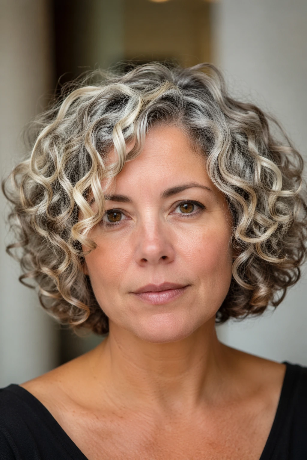 Compact curly bob with blonde-gray highlights, springy ringlets, and a balanced shape that sits just below the ears.