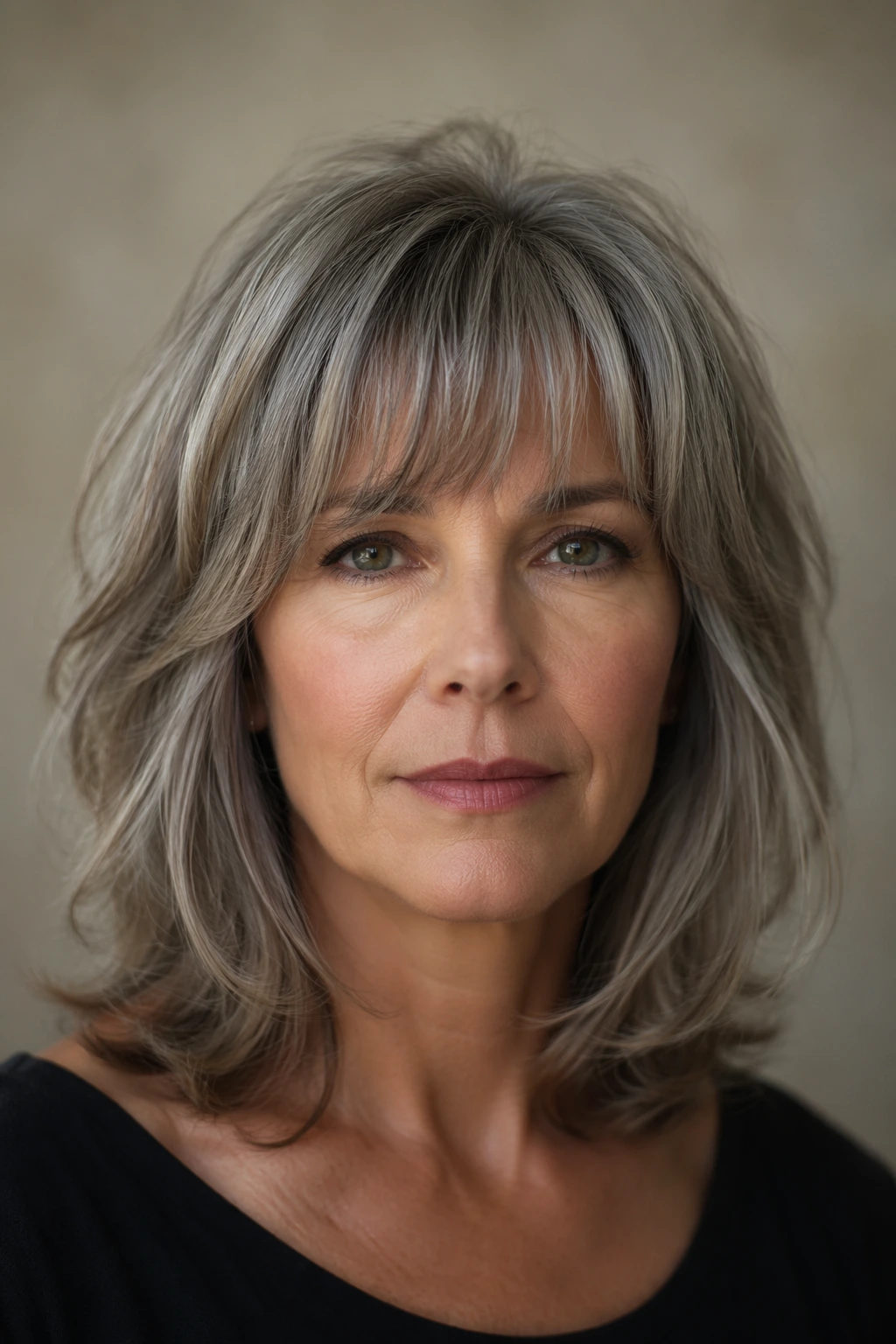 Chin-skimming silver bob with feathered ends, soft bangs, and a rounded shape that frames the face neatly.