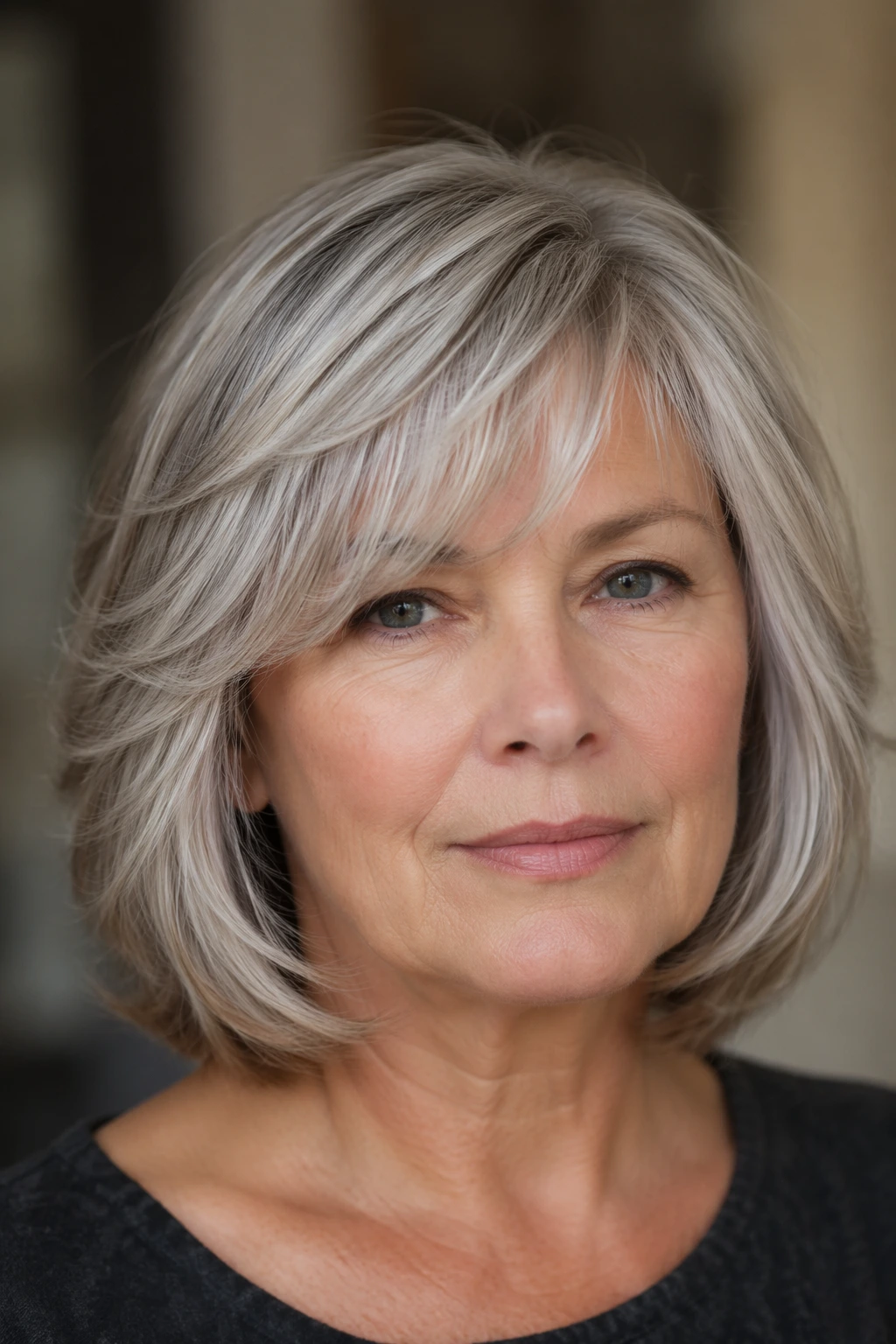 Chin-length silver bob with soft layers, side-swept fringe, and a smooth, rounded shape framing the face.