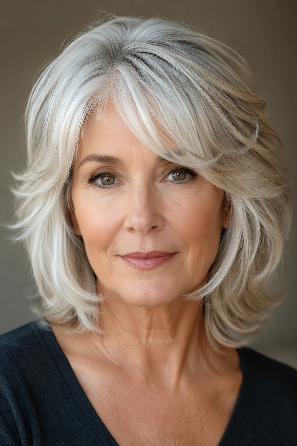Chin-length platinum bob with rounded ends, smooth layers, and side-swept bangs that frame the eyes gently.