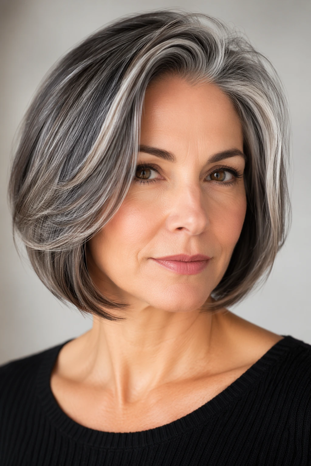 Chin-length silver bob with dark lowlights, soft feathered layers, and a sweeping side part framing the face neatly.