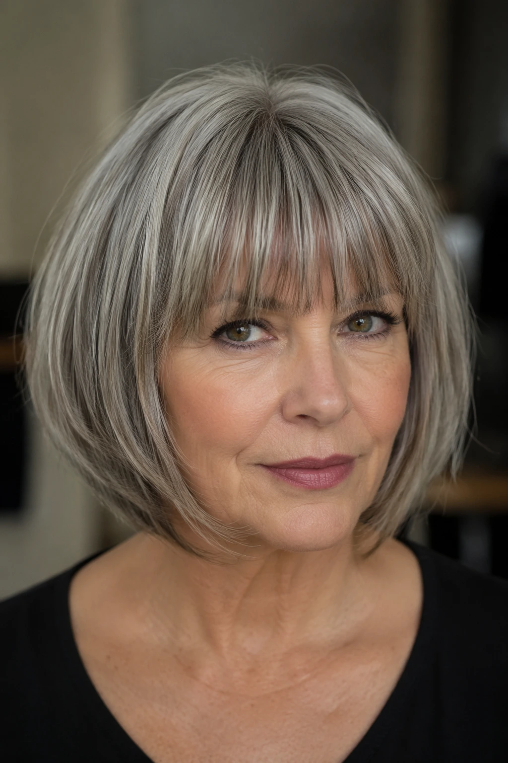 Chin-length gray bob with a smooth rounded shape, wispy bangs, and polished ends tucked inward.