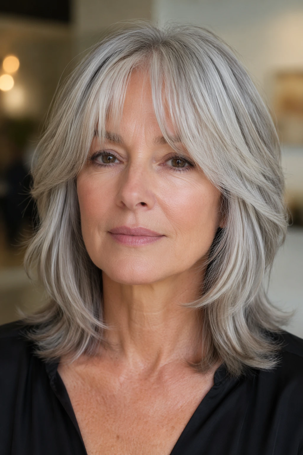 Medium-length silver bob with rounded layers, soft inward ends, and a center-swept fringe blending into the sides.