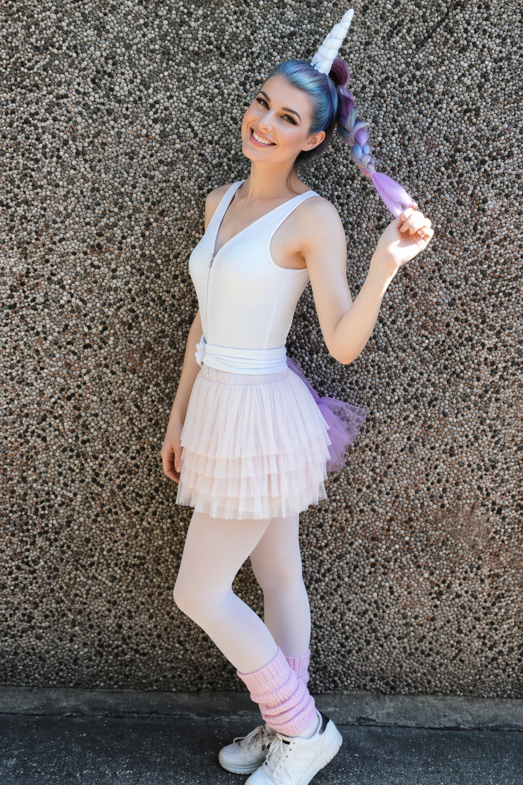 Woman poses against pebble wall wearing white leotard, layered pink tutu, pastel braid, and unicorn horn.