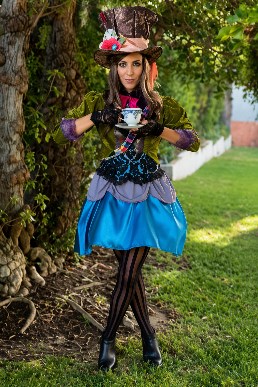 Woman in a velvet jacket, color-blocked skirt, striped tights, and decorated top hat holding a teacup outdoors.
