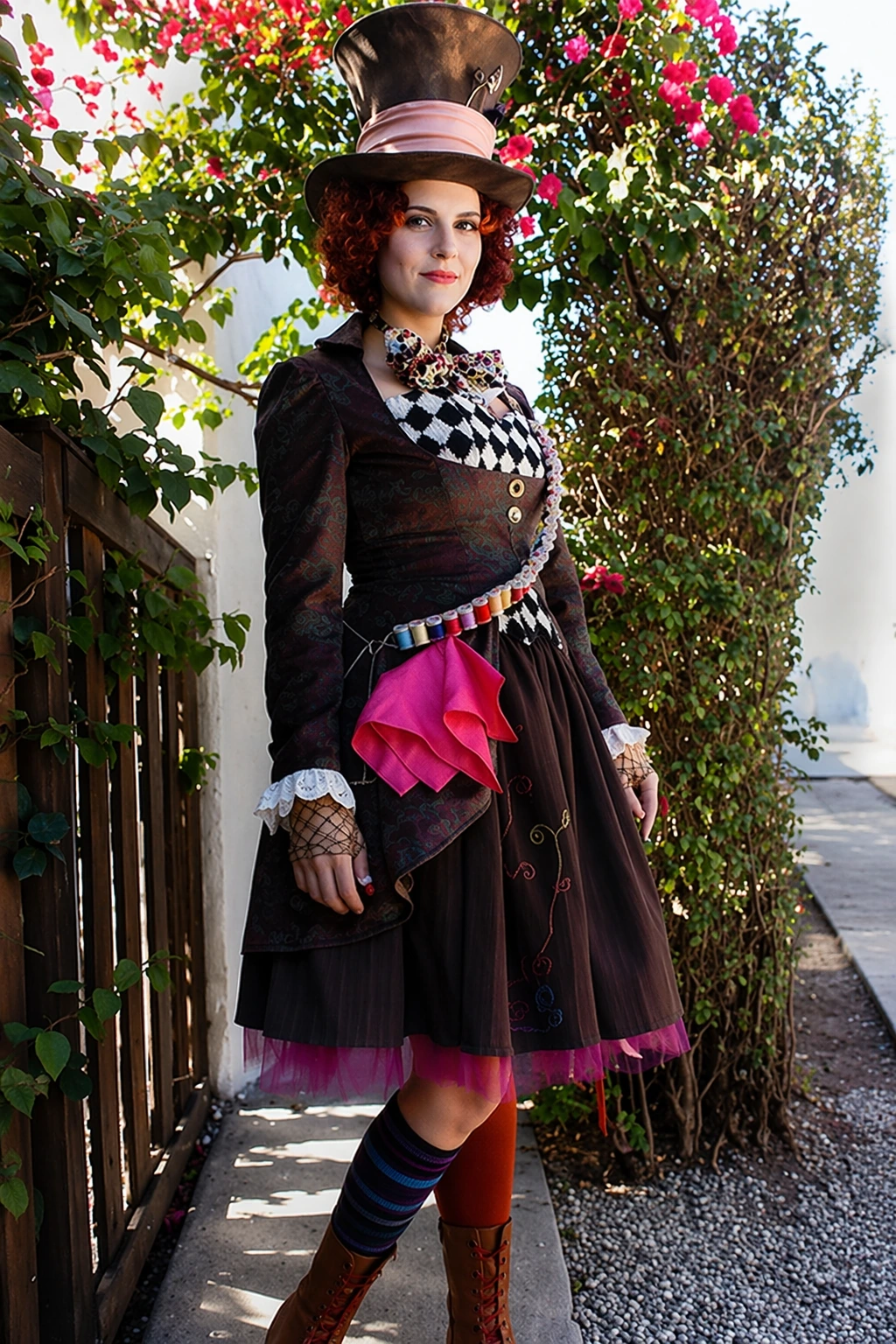 Woman outdoors in a richly layered Mad Hatter costume, featuring top hat, dark dress, bow tie, and boots.