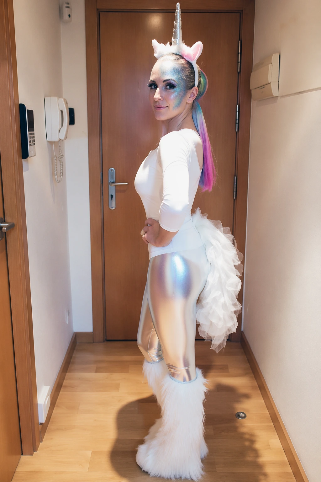 Woman posing indoors in white unicorn bodysuit, silver leggings, fluffy boots, side profile, and shimmering face makeup.