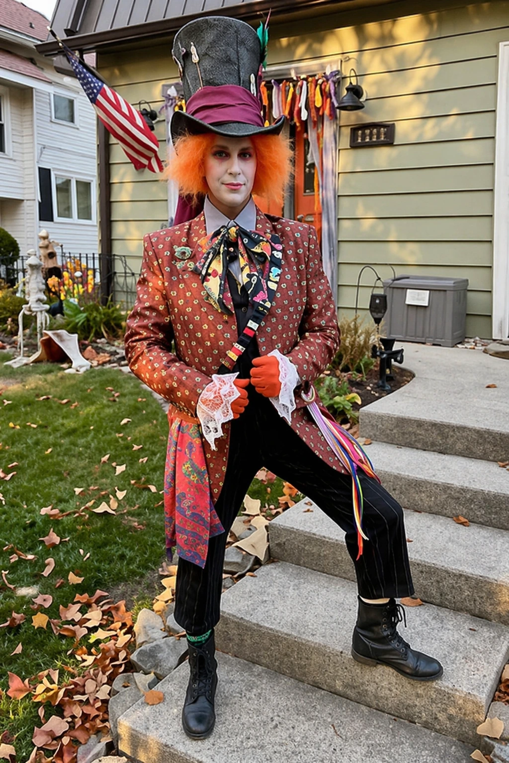 Tall black top hat, orange frizzy wig, patterned burgundy coat, lace cuffs, and layered ribbons on steps.