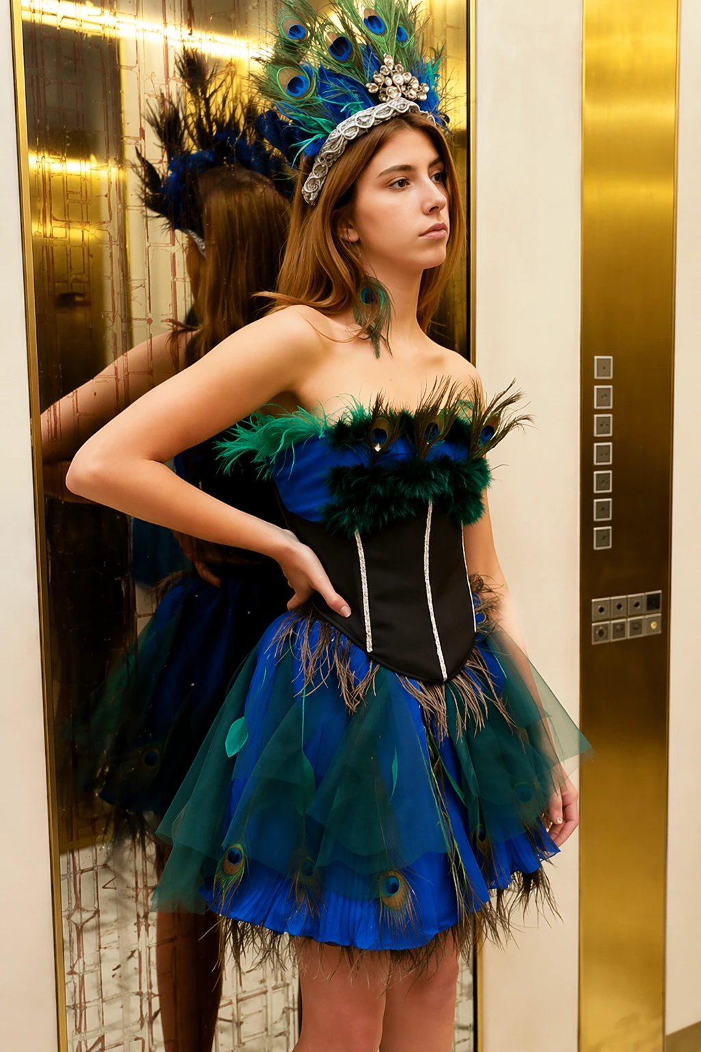 Woman in blue and black peacock dress, jeweled headpiece, and feather collar posed beside mirrored wall.