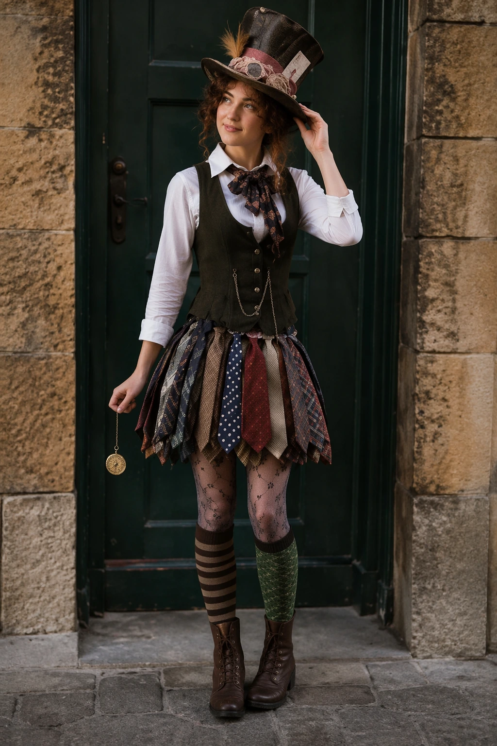 Woman in a layered vest, tie, mismatched patterned skirt, tall hat, and asymmetrical stockings holding a pocket watch.